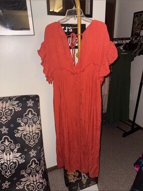 Sleeveless V-Neck Button-Front Maxi Dress in Burnt Orange
